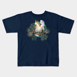 polygonal illustration group of Cockatoo birds with amazon leaves Kids T-Shirt